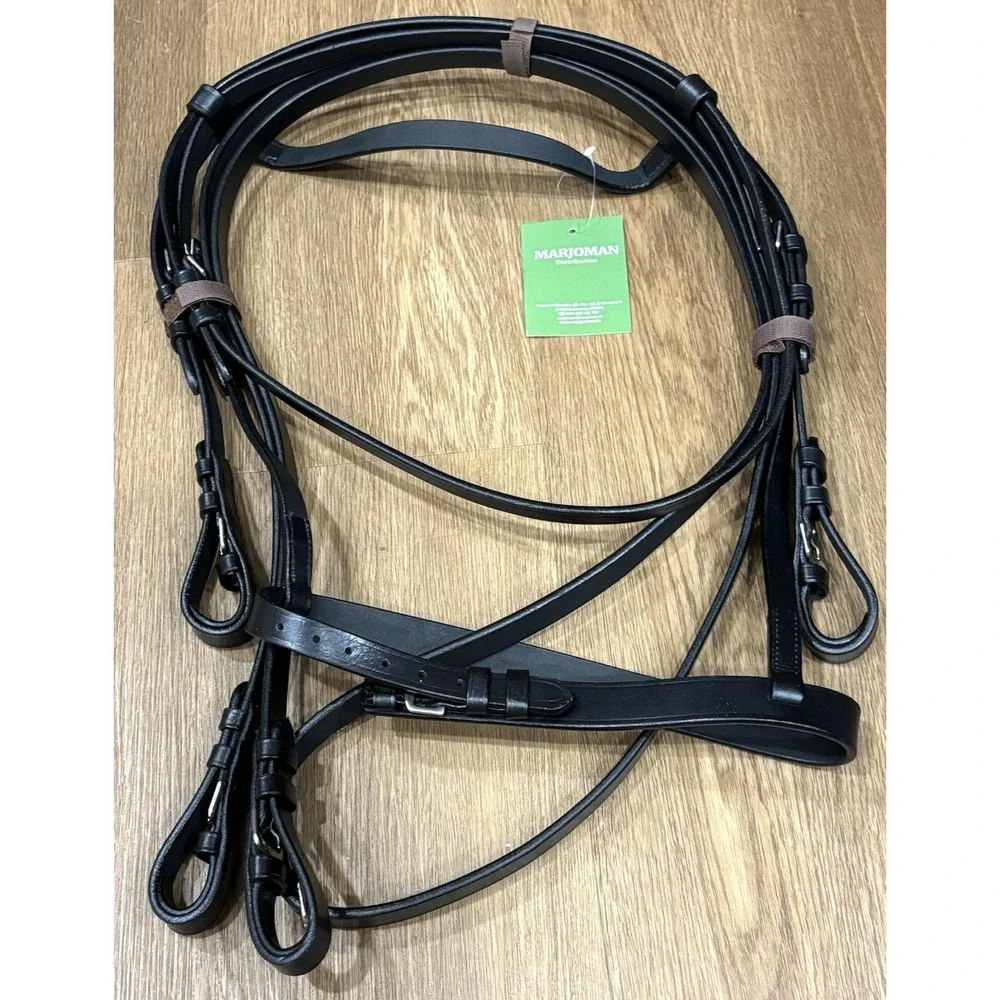 Marjoman Leather English Bridle Black Cob Plain Cavesson Noseband with Reins NWT